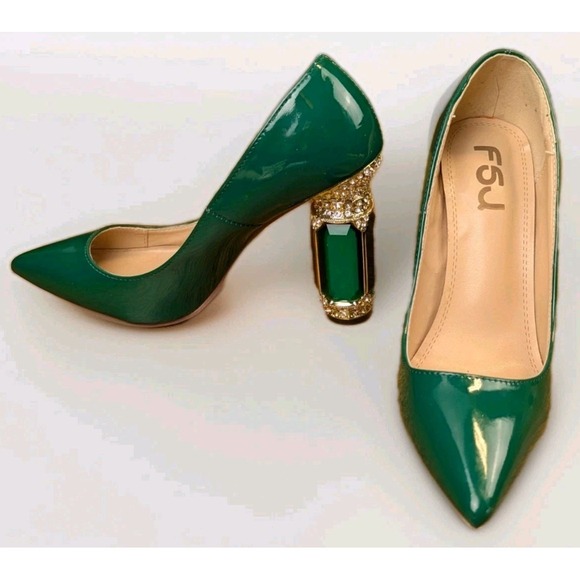 FSJ Green Patent Leather Faux Rhinestones Large Faux Emeralds Encrusted Heels 7 - Picture 2 of 11
